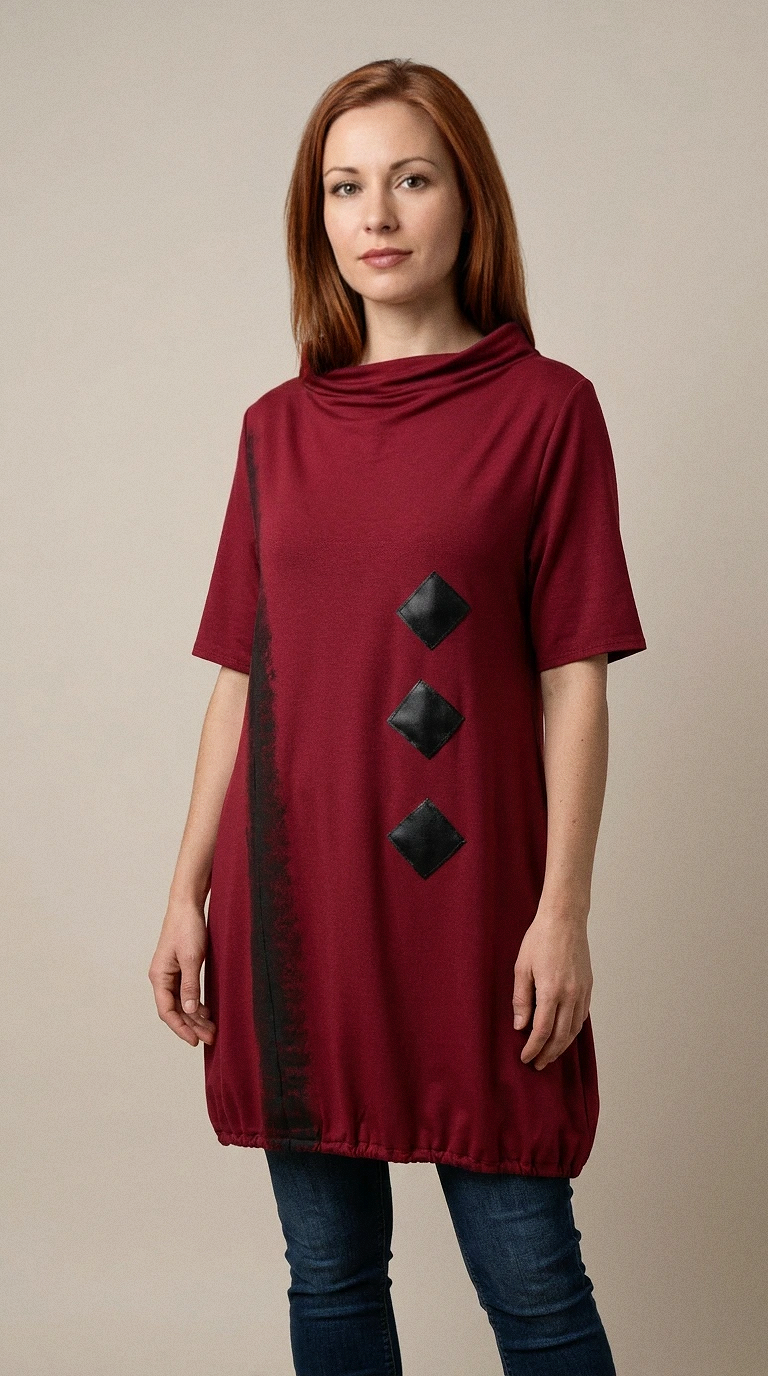 BONY crvena dizajnerska tunika s crnim geometrijskim detaljima