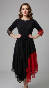 Crno-crvena asimetrična haljina Eleonora s detaljima od čipke na modelu.