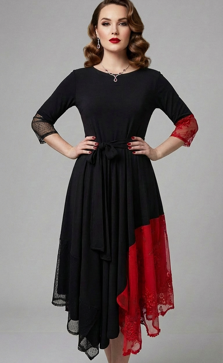 Crno-crvena asimetrična haljina Eleonora s detaljima od čipke na modelu.