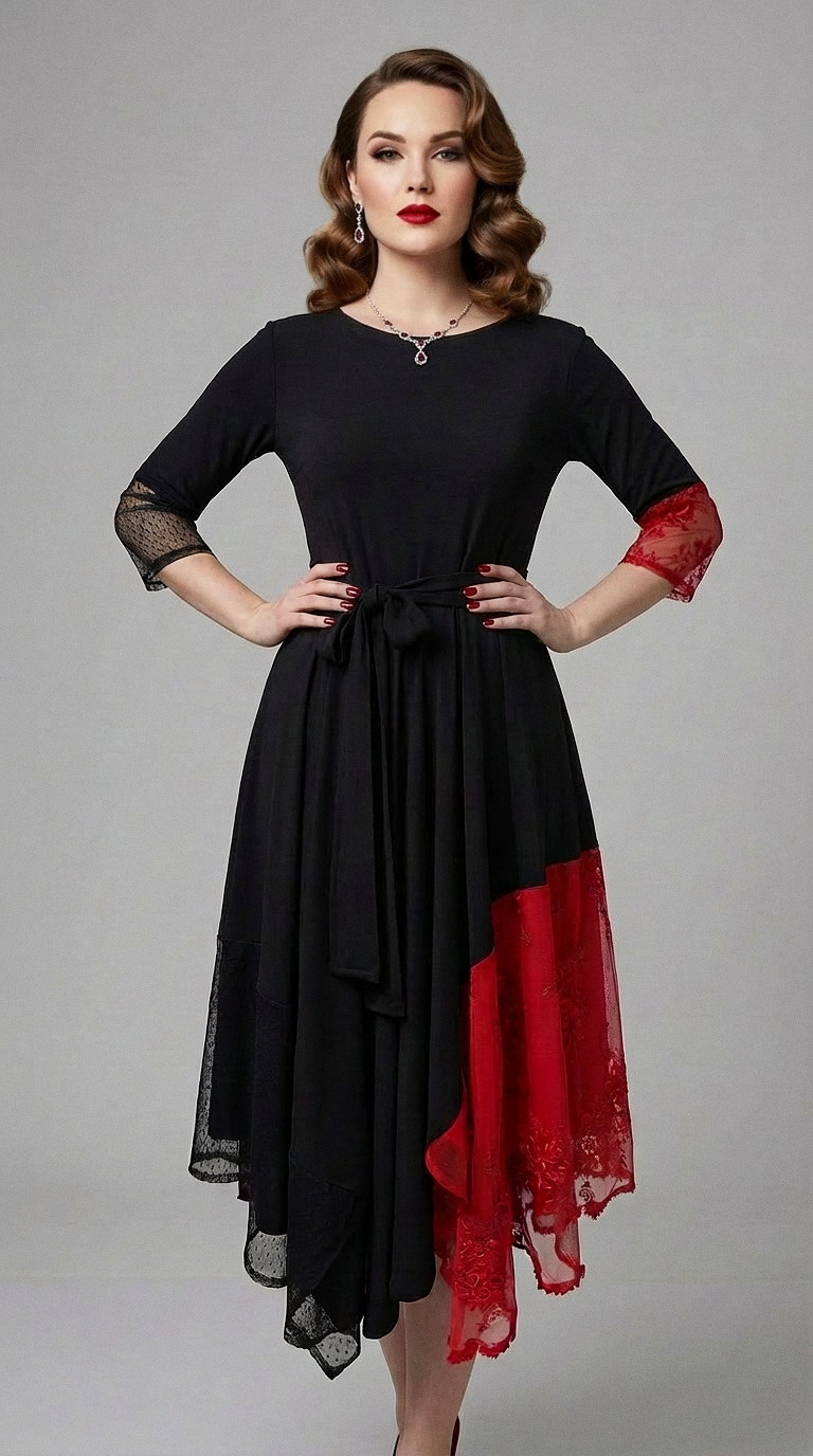 Crno-crvena asimetrična haljina Eleonora s detaljima od čipke na modelu.