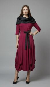 Model u LAPISIA bordo midi haljini s upečatljivim crnim ovratnikom