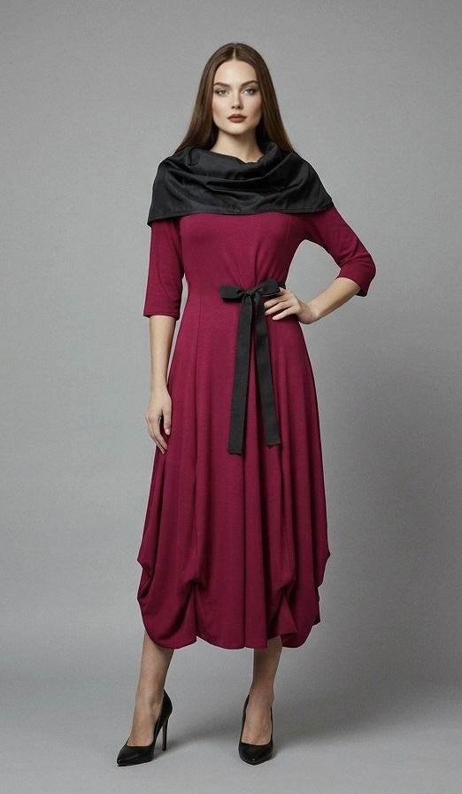 Model u LAPISIA bordo midi haljini s upečatljivim crnim ovratnikom