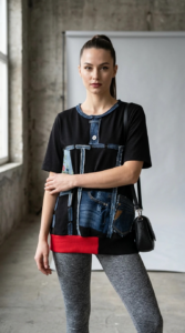 URBAN VEZ crna patchwork majica s denim detaljima i vezom