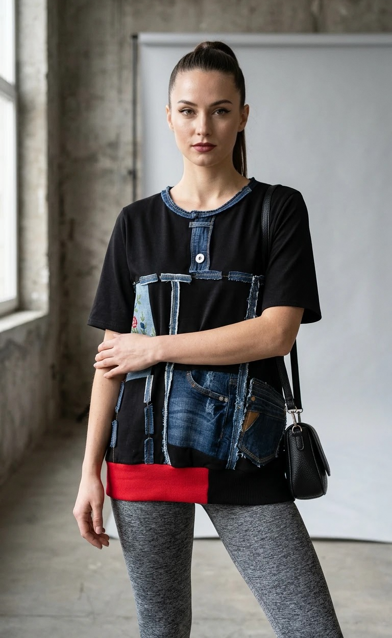 URBAN VEZ crna patchwork majica s denim detaljima i vezom