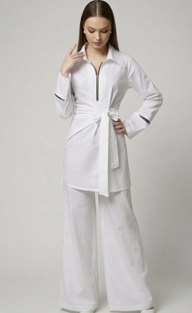 Monokromatski bijeli outfit s VIREXA WHITE strukiranom košuljom.