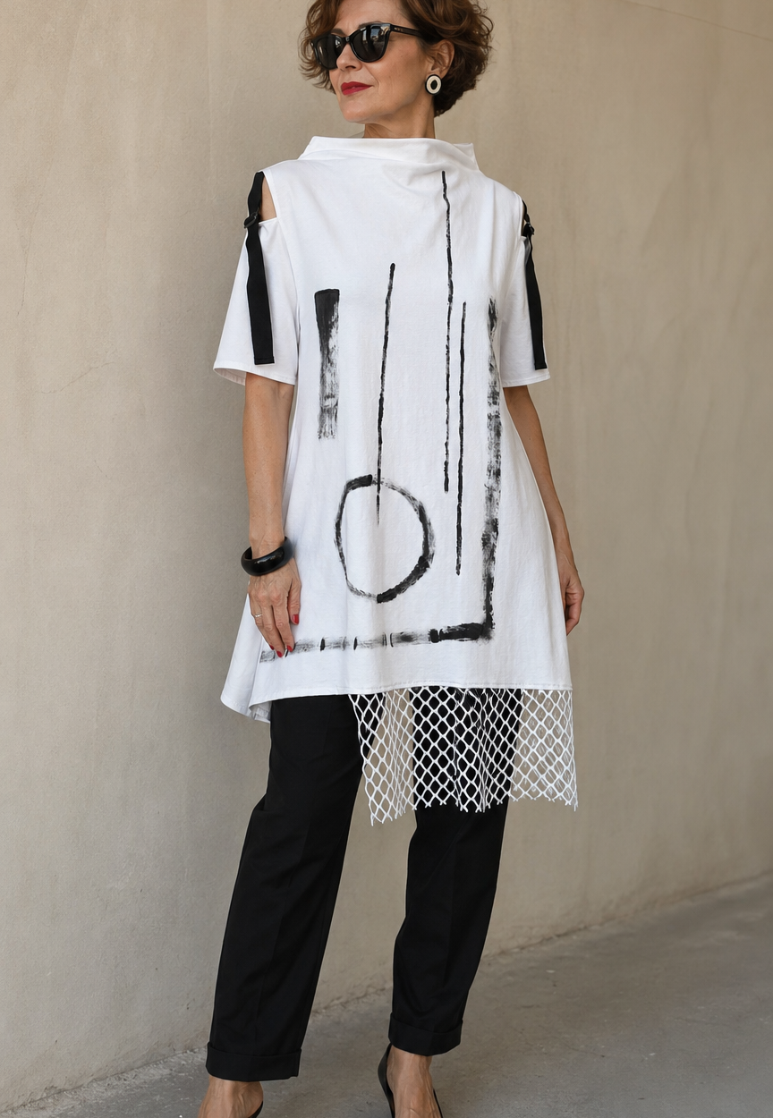 Žena nosi dizajnersku tuniku BLANKA crno-bijelog uzorka s mrežastim detaljem.
