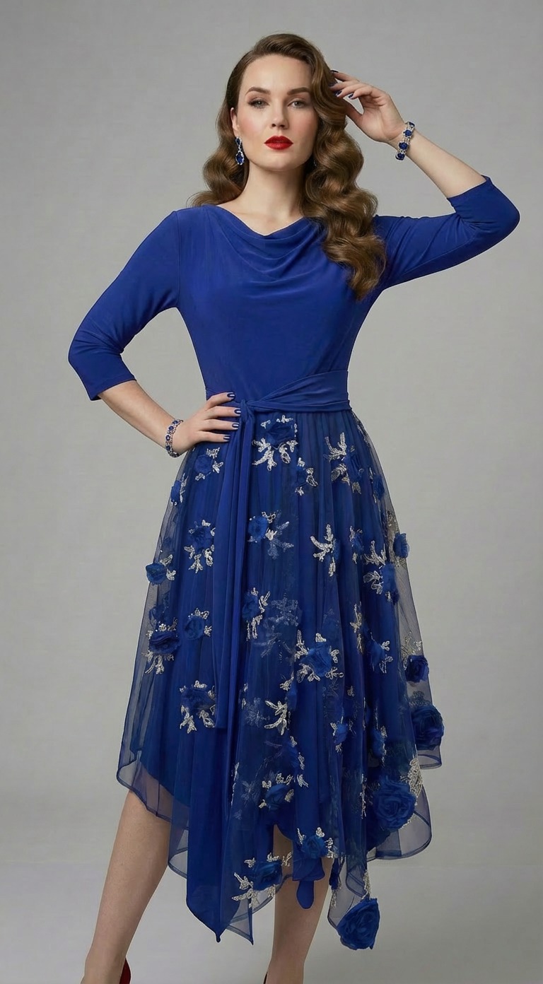 Model nosi kraljevsko plavu haljinu Cvijeta s cvjetnim vezom i suknjom od tila