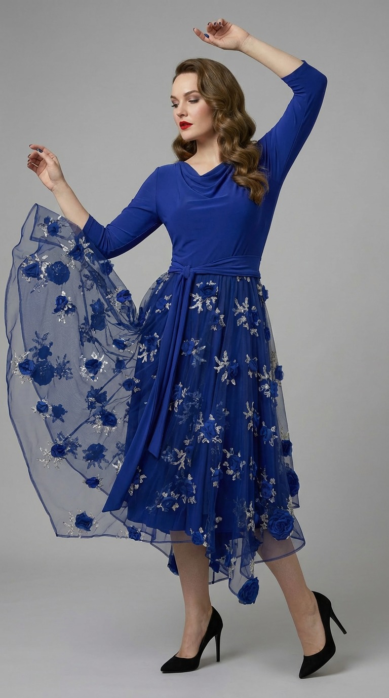 Model nosi kraljevsko plavu haljinu Cvijeta s cvjetnim vezom i suknjom od tila