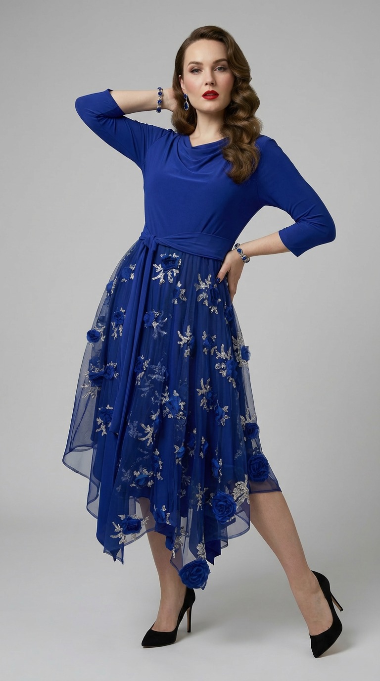 Model nosi kraljevsko plavu haljinu Cvijeta s cvjetnim vezom i suknjom od tila