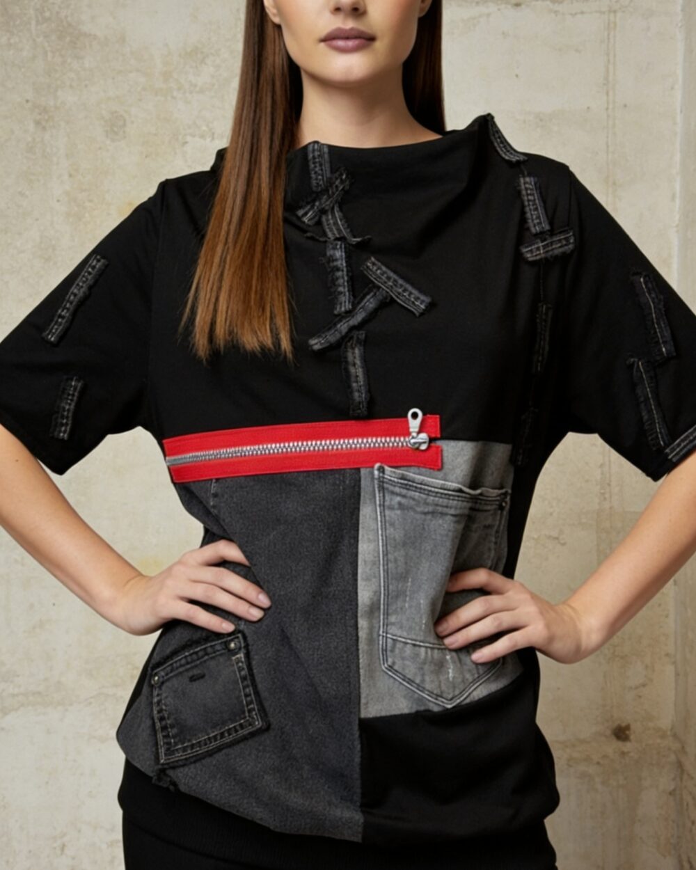 Cyber Zip unikatna crna majica s crvenim zatvaračem i traper patchwork džepovima