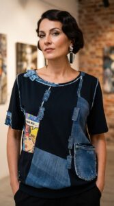 Ženski statement top BLA BLA BLUES iz Kuky Design kolekcije s patchwork detaljima od trapera i sirovim rubovima, prikazan na modelu.