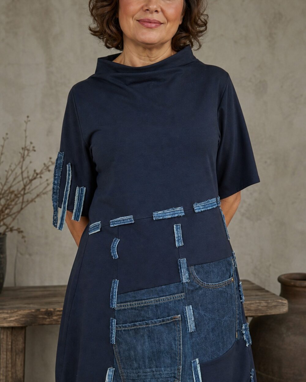 denim soul tunika tamnoplava s patchwork traper detaljima i velikim džepom na ženi
