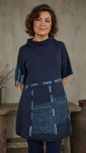 denim soul tunika tamnoplava s patchwork traper detaljima i velikim džepom na ženi