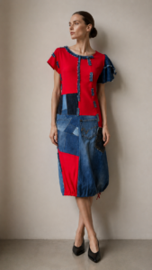 Haljina Rozita od crvene tkanine i patchwork denima, dizajn Kuky Design, unikatna ženska moda, prikazana na ženi.
