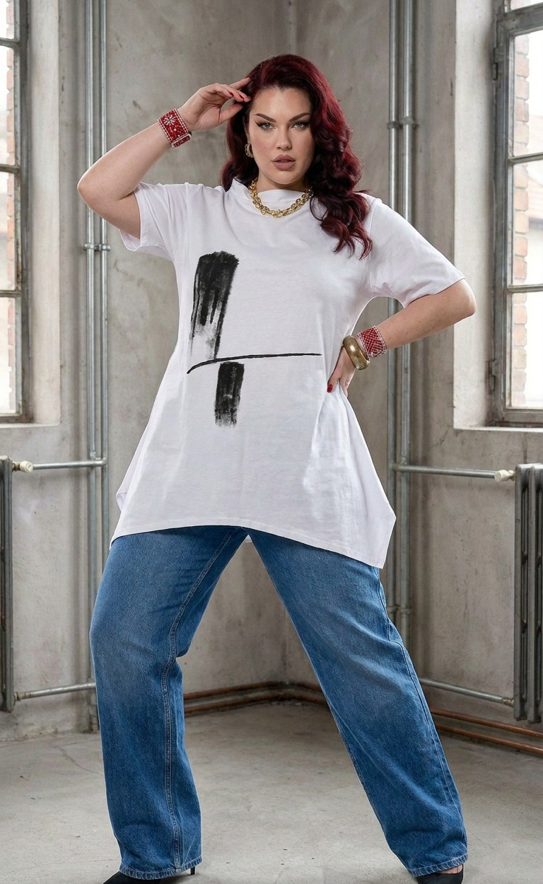 ženska bijela tunika Zoja s ručno oslikanim umjetničkim detaljem na plus size ženi