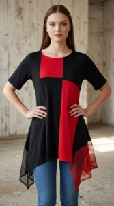 Žena nosi asimetričnu crno-crvenu tuniku ROUGE s detaljima od čipke i tila, Kuky Design