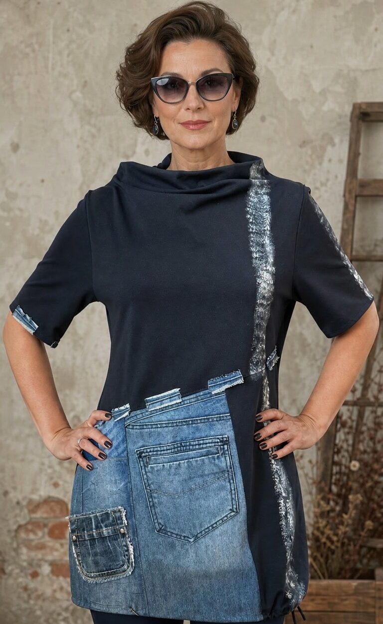 unikatna dizajnerska tunika URBAN REBEL s patchwork traper detaljima i urbanim stilom