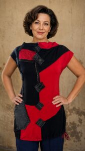 Ženska majica URBANA, asimetrični dizajn u crveno-crnoj boji s patchwork traper detaljima.