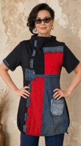 Ženska tunika ERIKA od pamuka s patchwork uzorkom, crvenim točkastim detaljima i džepovima.