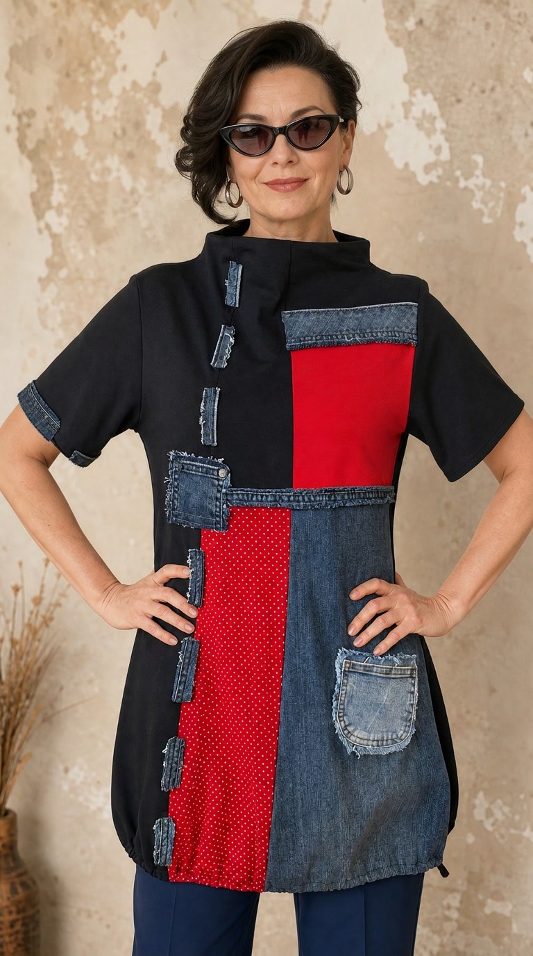Ženska tunika ERIKA od pamuka s patchwork uzorkom, crvenim točkastim detaljima i džepovima.
