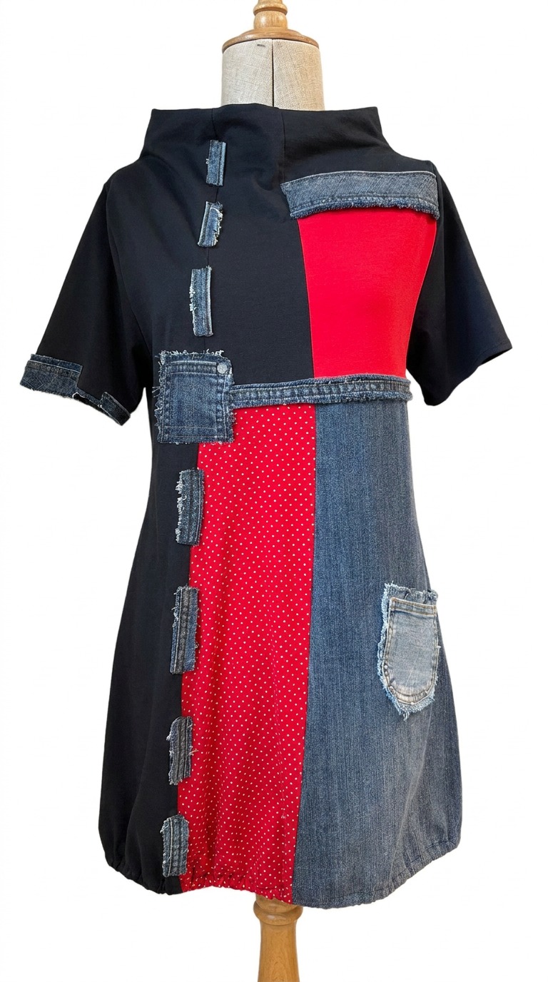 Ženska tunika ERIKA od pamuka s patchwork uzorkom, crvenim točkastim detaljima i džepovima, prikazana na lutki.