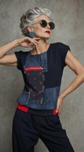 AMORA majica s traper patchwork detaljima i crvenim akcentima u umjetničkom dizajnu Kuky Design