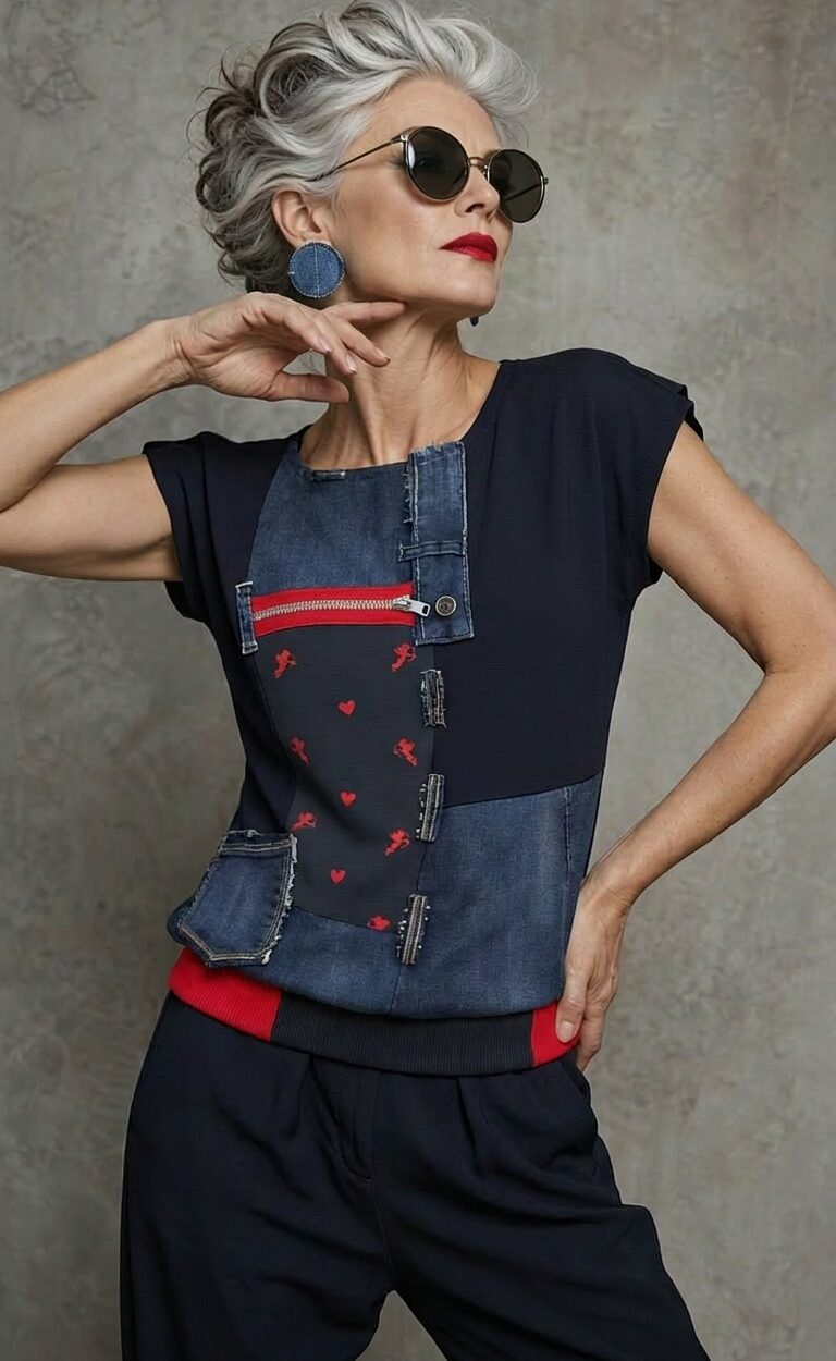 AMORA majica s traper patchwork detaljima i crvenim akcentima u umjetničkom dizajnu Kuky Design