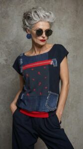 AMORICA majica s traper patchwork detaljima i crvenim patentnim zatvaračem