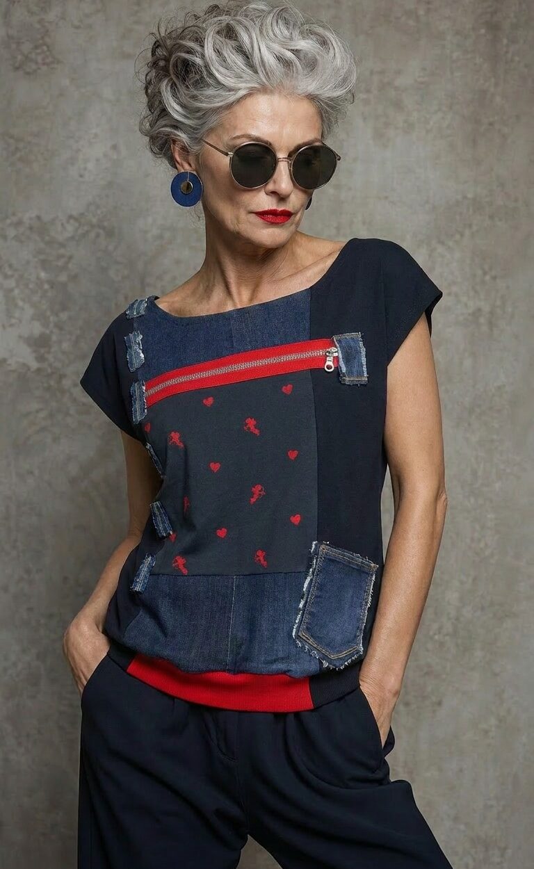 AMORICA majica s traper patchwork detaljima i crvenim patentnim zatvaračem