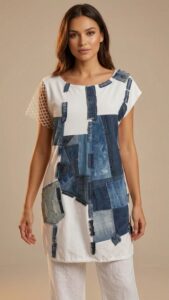 PLIMA tunika bijele boje s umjetničkim traper patchwork detaljima i mrežastim rukavom