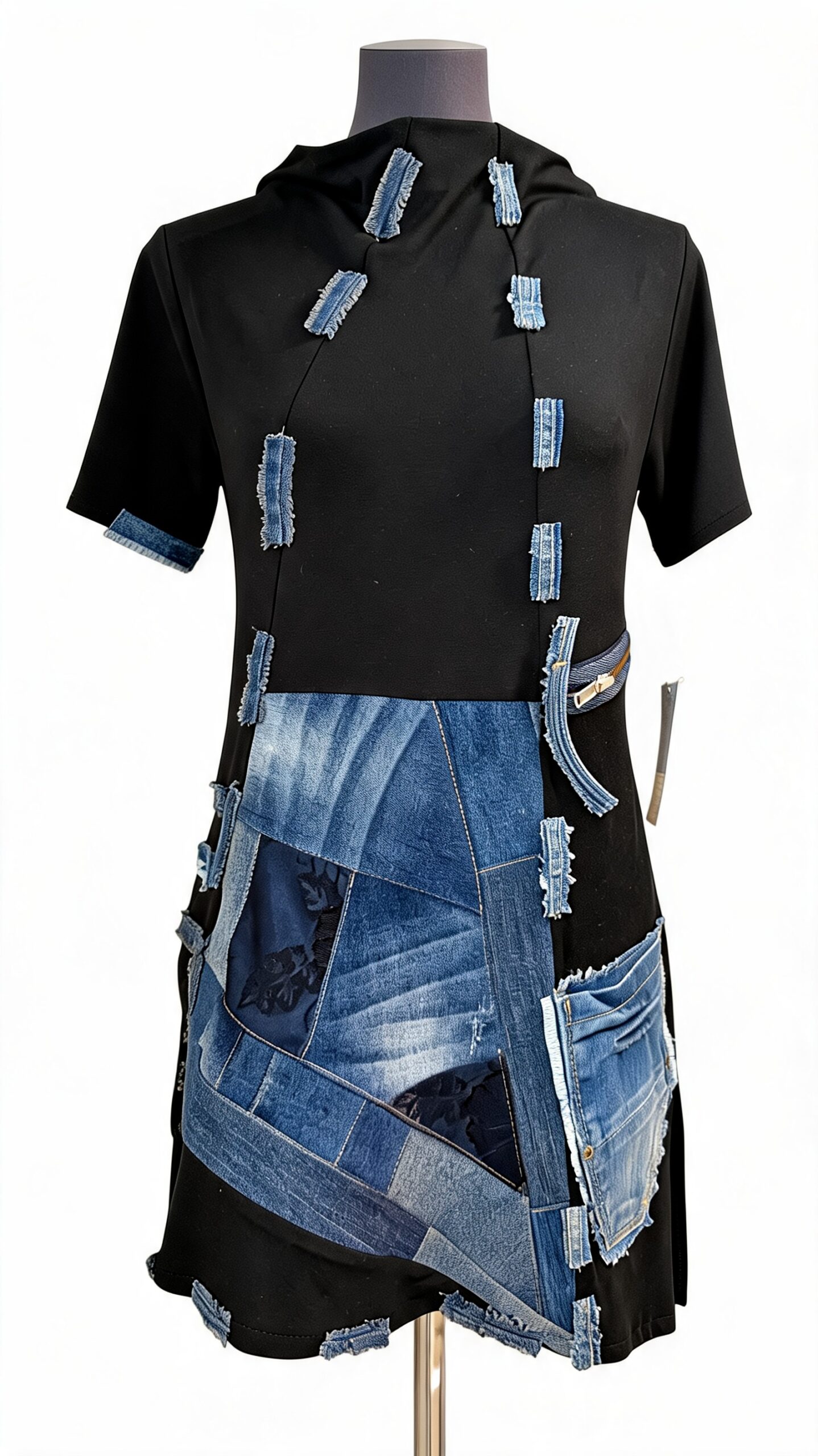 Ženska tunika TAMI crne boje s jeans patchwork detaljima i džepovima.