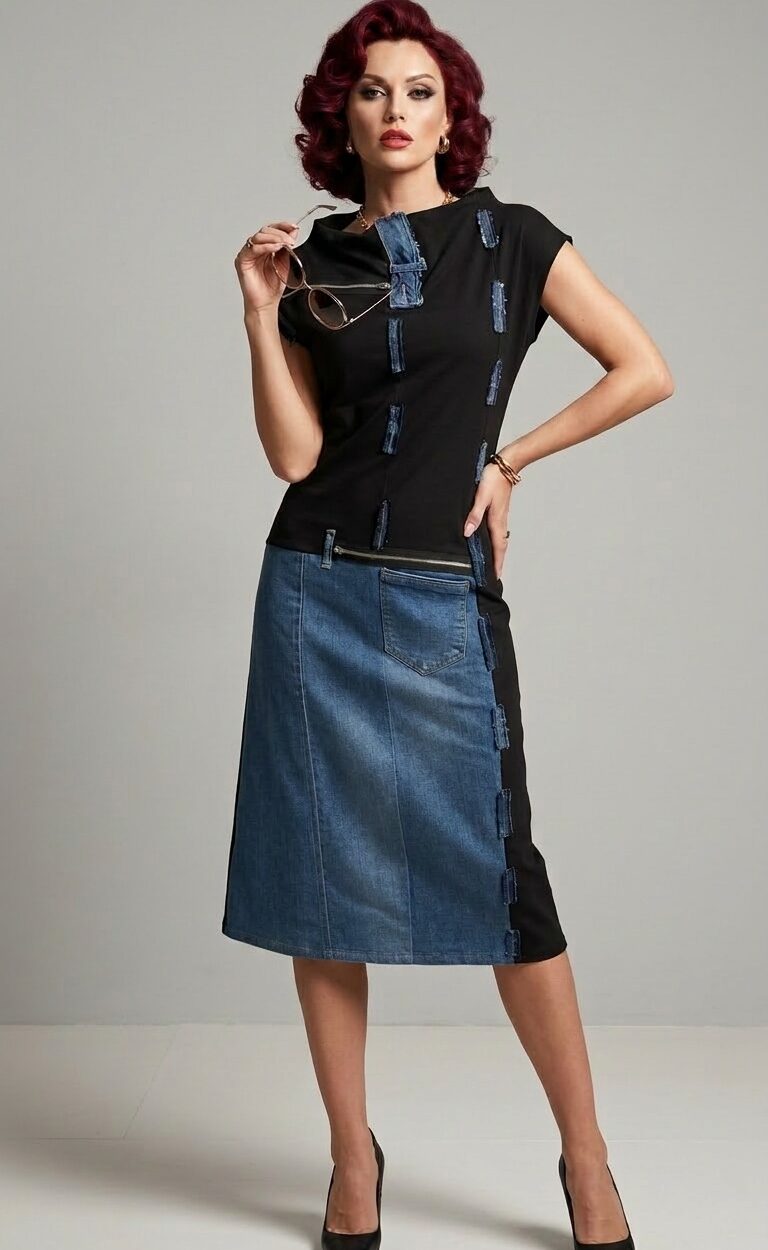 KARLA haljina jedinstvena je traper patchwork haljina koja spaja umjetnički dizajn, udobnost i eleganciju.