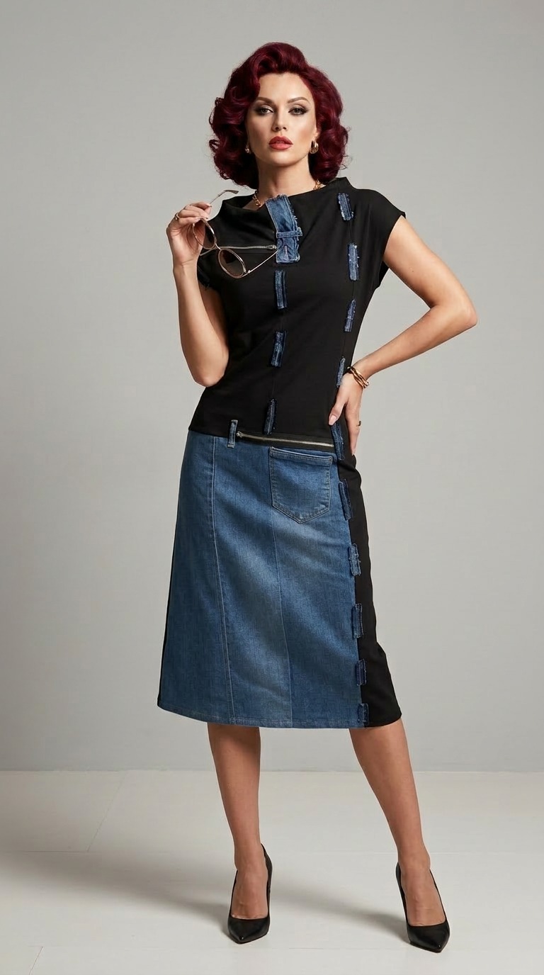 KARLA haljina jedinstvena je traper patchwork haljina koja spaja umjetnički dizajn, udobnost i eleganciju.