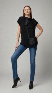 MISTRA crna patchwork majica s traper detaljima i dekorativnim džepom