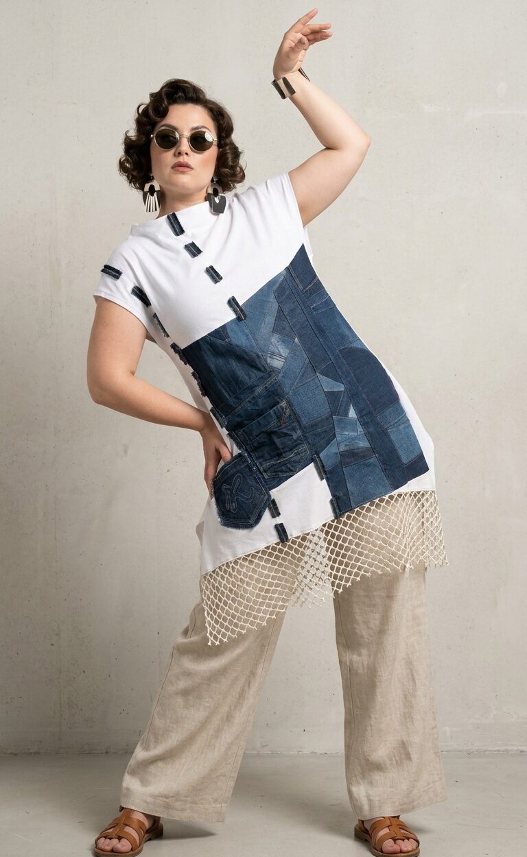 NENA patchwork traper tunika hrvatskog modnog dizajnera Kuky Design s umjetničkim patchwork detaljima i mrežastim završetkom