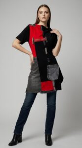 Tunika RINA crno crvena asimetrična tunika s recikliranim traper detaljima i patchwork dizajnom
