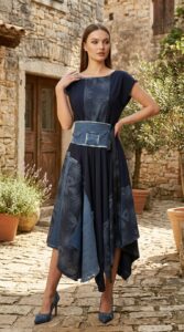 Haljina NEREIDA tamnoplava patchwork haljina od viskoze Kuky Design hrvatski modni dizajn