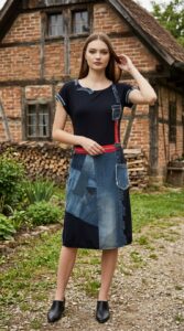 Model nosi tamnoplavu patchwork traper haljinu RUSTIKA s dekorativnim džepovima i crvenim detaljima ispred rustikalne drvene kuće.