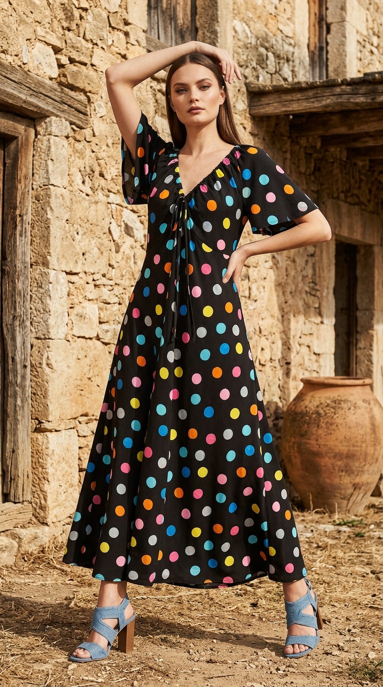 Haljina TOČKICA crna haljina sa šarenim točkicama hrvatski modni dizajn Kuky Design