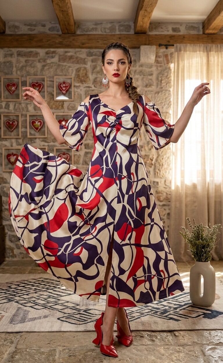 Elegantna duga haljina MOSAICA s apstraktnim uzorkom u crvenoj i tamnoplavoj boji iz kolekcije Kuky Design.