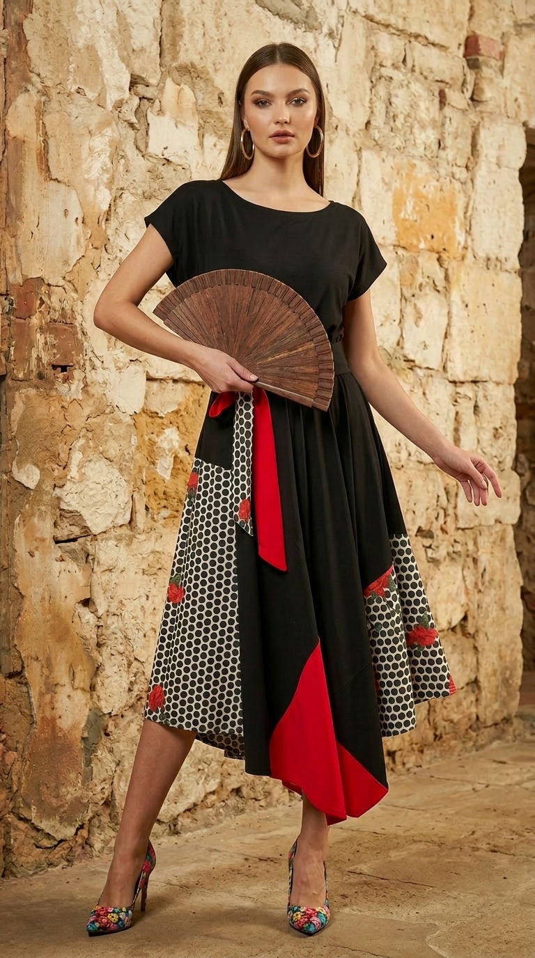 NOIR POP crna dizajnerska haljina s crvenim detaljima, točkastim patchwork uzorkom i pojasom za vezanje, Kuky Design modni dizajn