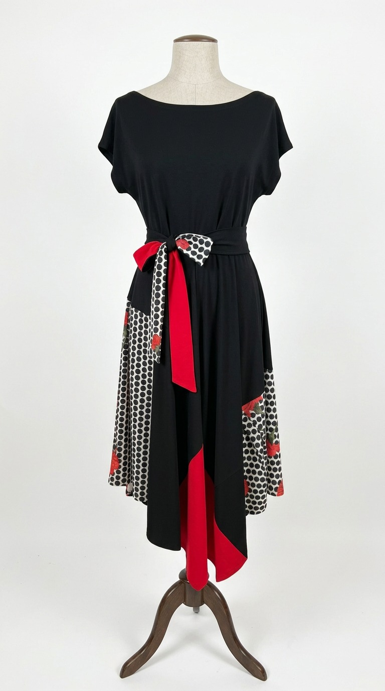 NOIR POP crna dizajnerska haljina s crvenim detaljima, točkastim patchwork uzorkom i pojasom za vezanje, Kuky Design modni dizajn