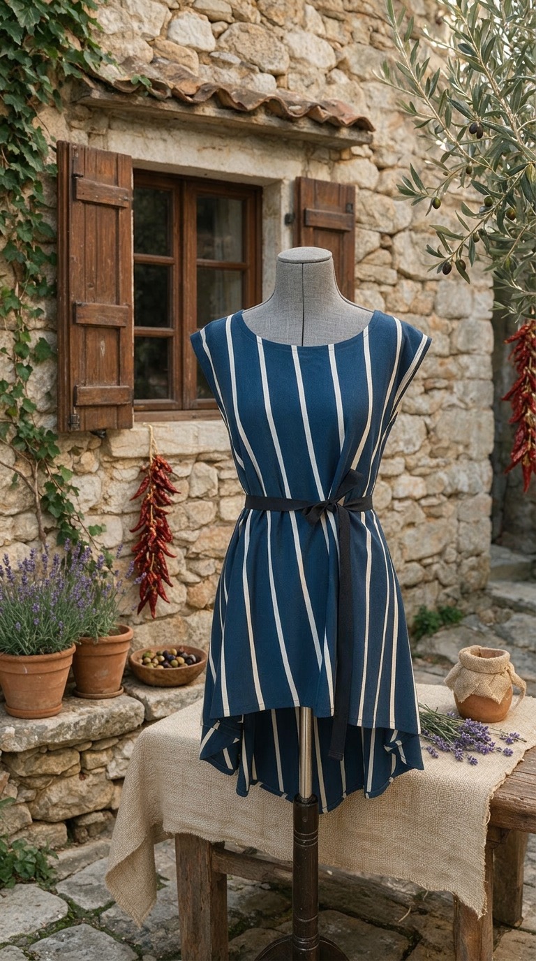 Plava prugasta asimetrična tunika CORDA s pojasom, Kuky Design dizajn, hrvatska moda