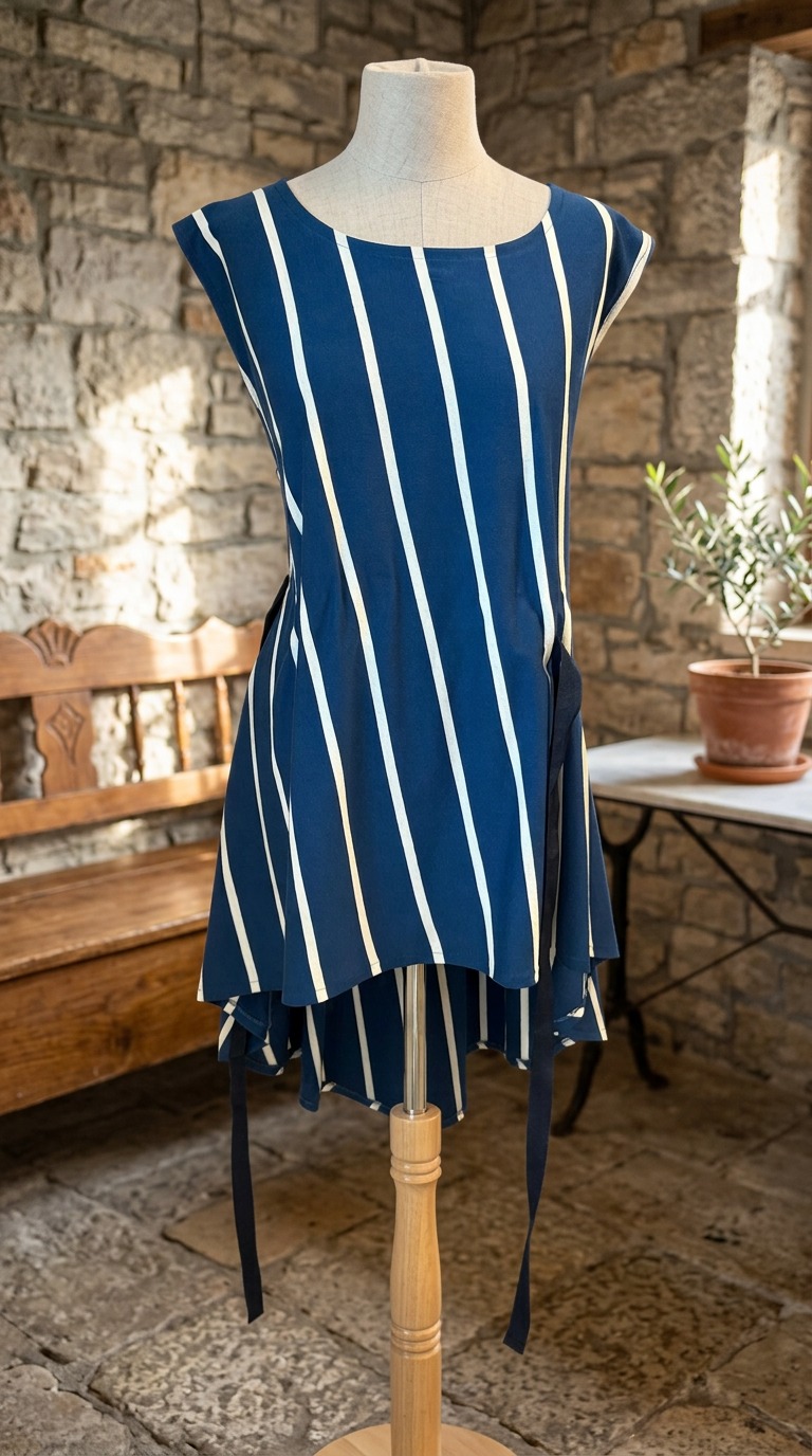 Plava prugasta asimetrična tunika CORDA s pojasom, Kuky Design dizajn, hrvatska moda