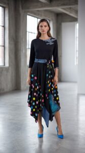 Haljina KALEIDA crna dizajnerska haljina s točkicama i traper detaljima Kuky Design