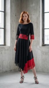 ROSSENA crno-crvena asimetrična haljina s čipkom Kuky Design