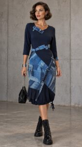 DENVIA asimetrična ženska haljina s traper patchwork detaljima