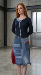 RAVENZA haljina s traper detaljima i crvenim tilom Kuky Design